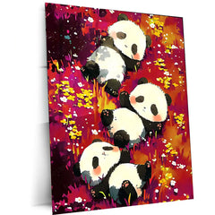 Cute Panda Trio – Relaxing in Floral Meadow Metal Poster | Animal Wall Art Frame
