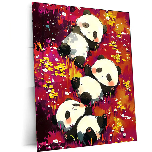 Cute Panda Trio – Relaxing in Floral Meadow Metal Poster | Animal Wall Art Frame