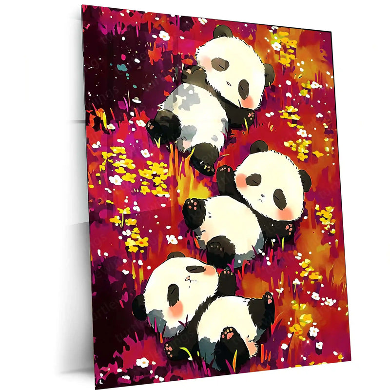 Cute Panda Trio – Relaxing in Floral Meadow Metal Poster | Animal Wall Art Frame
