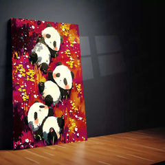 Cute Panda Trio – Relaxing in Floral Meadow Metal Poster | Animal Wall Art Frame