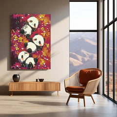 Cute Panda Trio – Relaxing in Floral Meadow Metal Poster | Animal Wall Art Frame