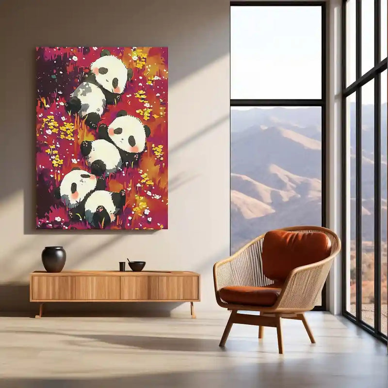Cute Panda Trio – Relaxing in Floral Meadow Metal Poster | Animal Wall Art Frame