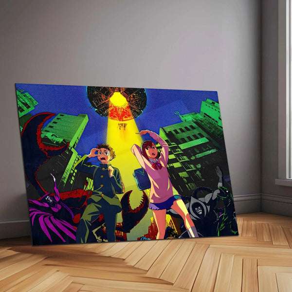 Anime Metal Poster | Dandadan – Alien Invasion Metal Poster | Sci-Fi Supernatural Anime Wall Frame