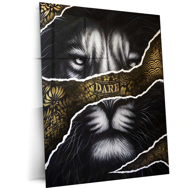 Dare to Roar – Ripped Black & Gold Lion Metal Frame | Bold Motivational Wall Art | Luxury Strength Poster for Alpha Spaces