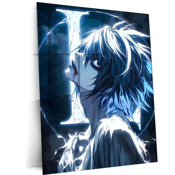 Anime Metal Poster | Death Note – Detective L Crimson Mystery Aura Metal Poster | Dark Anime Wall Frame
