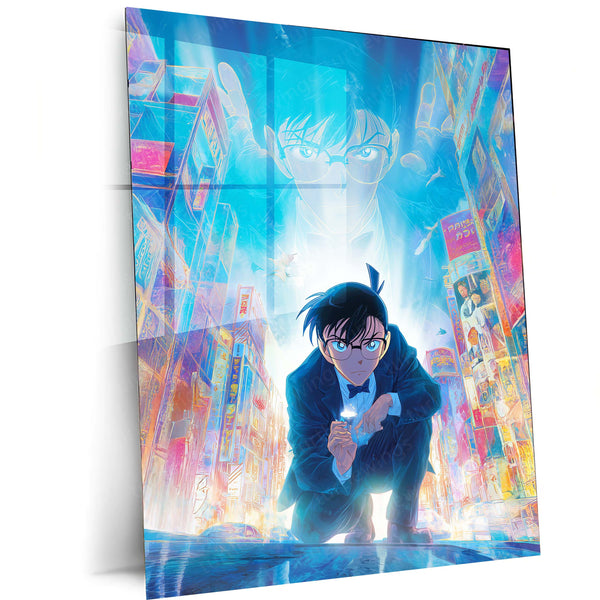 Detective Conan in Neon City – Futuristic Anime Mystery Metal Frame | Cyber Noir Poster for Anime Sleuths & Collectors