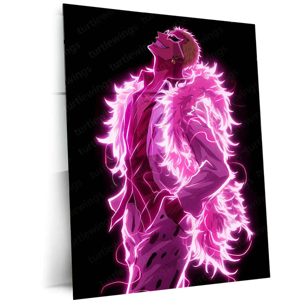 Anime Metal Poster | Donquixote Doflamingo Glow One Piece Villain Metal Poster | Anime Wall Frame