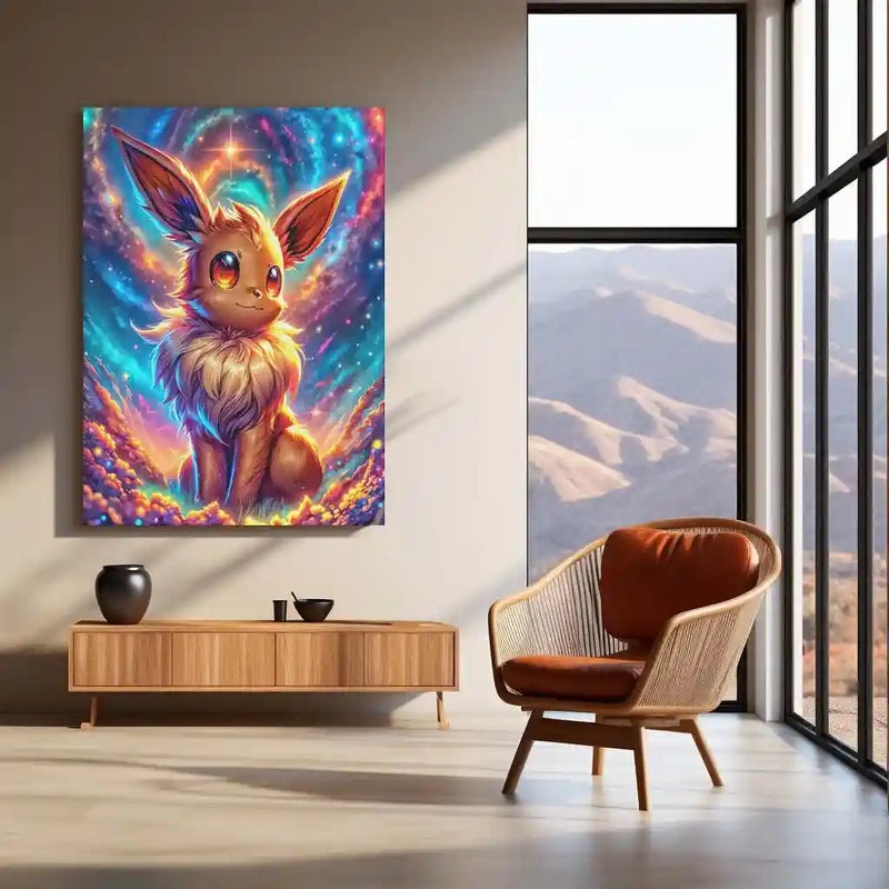 Anime Metal Poster | Eevee’s Cosmic Awakening – Pokémon Metal Poster | Starry Fantasy Wall Frame