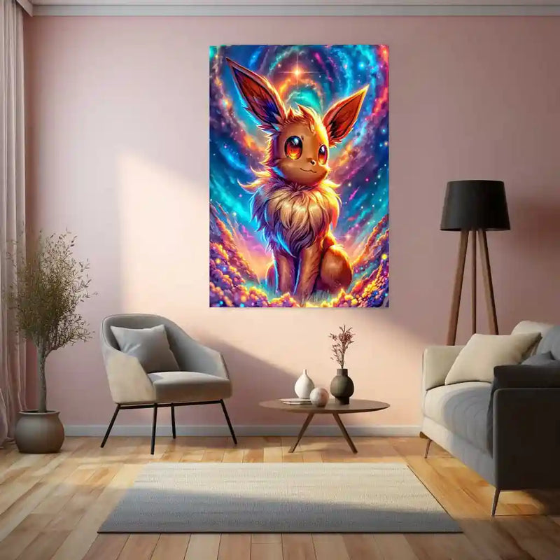 Anime Metal Poster | Eevee’s Cosmic Awakening – Pokémon Metal Poster | Starry Fantasy Wall Frame