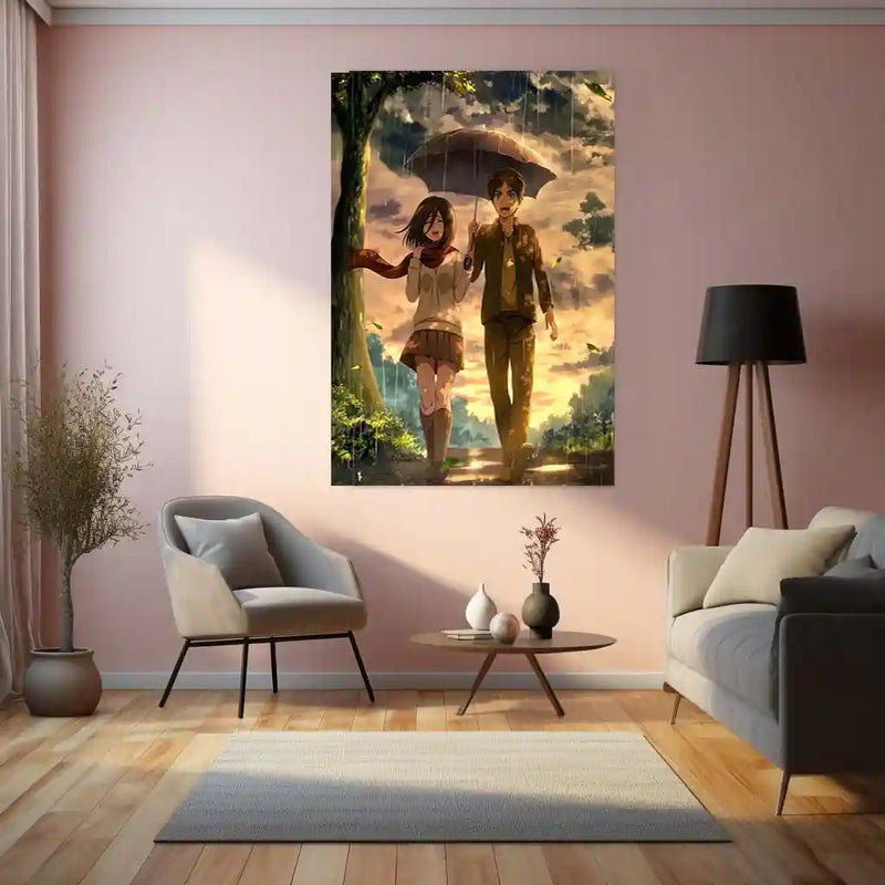 Anime | Eren & Mikasa – Rainy Day Promise Metal Poster | Attack on Titan Anime Wall Frame