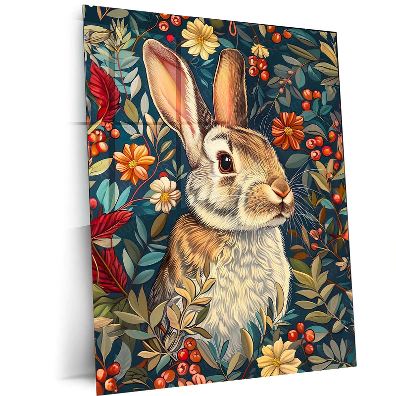 Floral Bunny – Whimsical Rabbit in Blooming Garden Metal Poster | Cute Animal Wall Frame