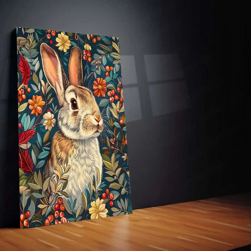 Floral Bunny – Whimsical Rabbit in Blooming Garden Metal Poster | Cute Animal Wall Frame