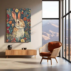 Floral Bunny – Whimsical Rabbit in Blooming Garden Metal Poster | Cute Animal Wall Frame
