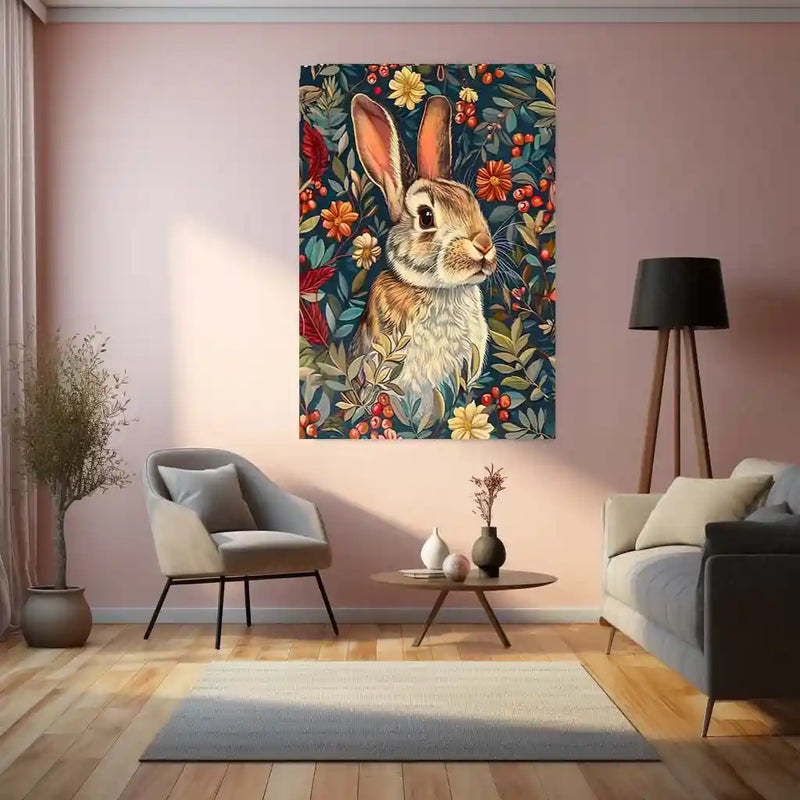 Floral Bunny – Whimsical Rabbit in Blooming Garden Metal Poster | Cute Animal Wall Frame