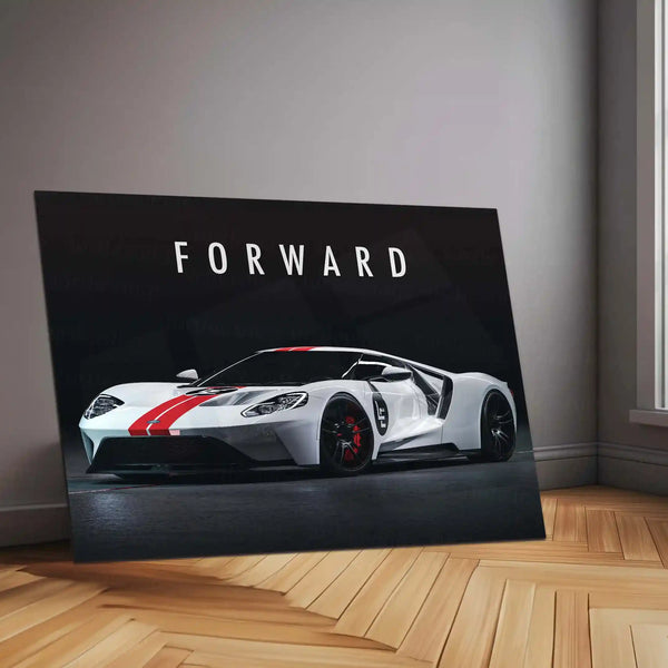 Forward – Ford GT White with Red Stripe Metal Poster | American Supercar Wall Art