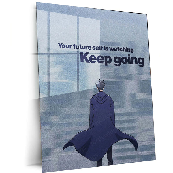 Future Focus – “Keep Going” Anime Quote Metal Poster | Grit x Hope Motivational Wall Art | Premium Aluminum Print