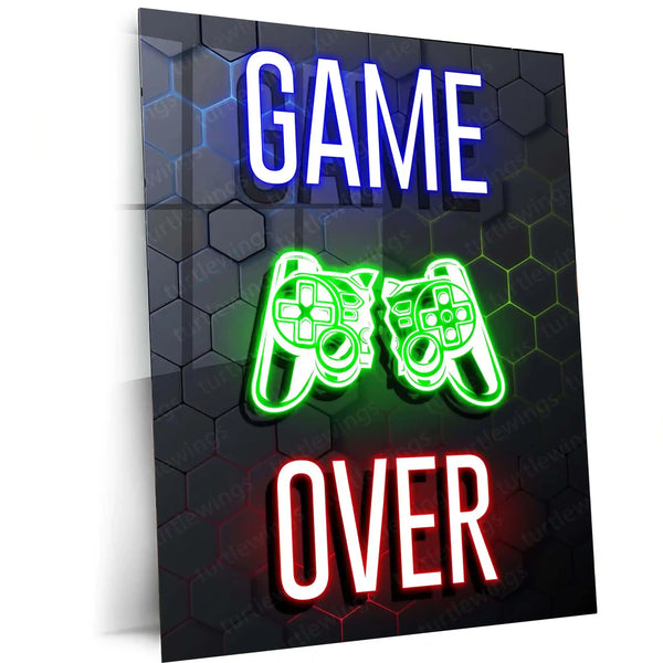 Game Metal Poster | Game Over – Neon Broken Controller Metal Poster | Gamer Room Wall Frame