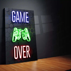 Game Metal Poster | Game Over – Neon Broken Controller Metal Poster | Gamer Room Wall Frame