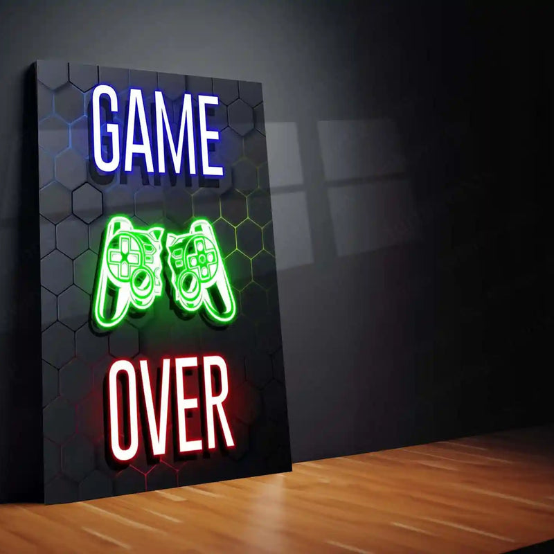 Game Metal Poster | Game Over – Neon Broken Controller Metal Poster | Gamer Room Wall Frame