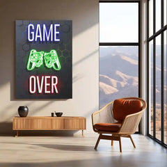 Game Metal Poster | Game Over – Neon Broken Controller Metal Poster | Gamer Room Wall Frame