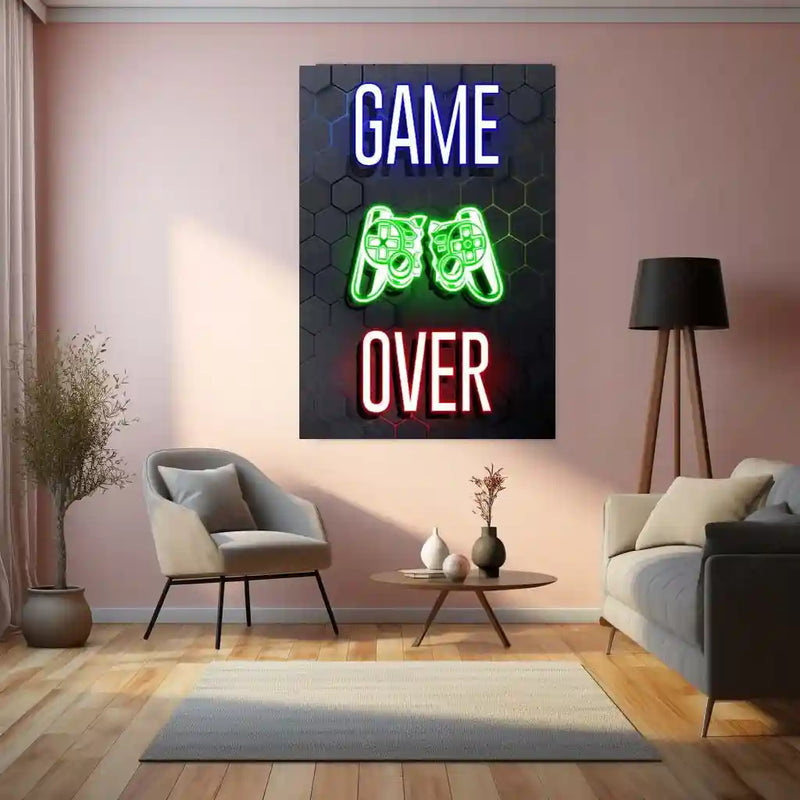 Game Metal Poster | Game Over – Neon Broken Controller Metal Poster | Gamer Room Wall Frame