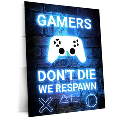Game Metal Poster | Gamers Don’t Die We Respawn – Neon Metal Poster | Gaming Wall Frame