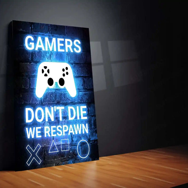Game Metal Poster | Gamers Don’t Die We Respawn – Neon Metal Poster | Gaming Wall Frame