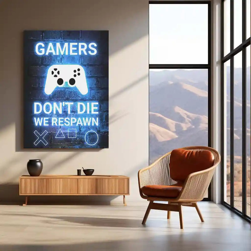 Game Metal Poster | Gamers Don’t Die We Respawn – Neon Metal Poster | Gaming Wall Frame