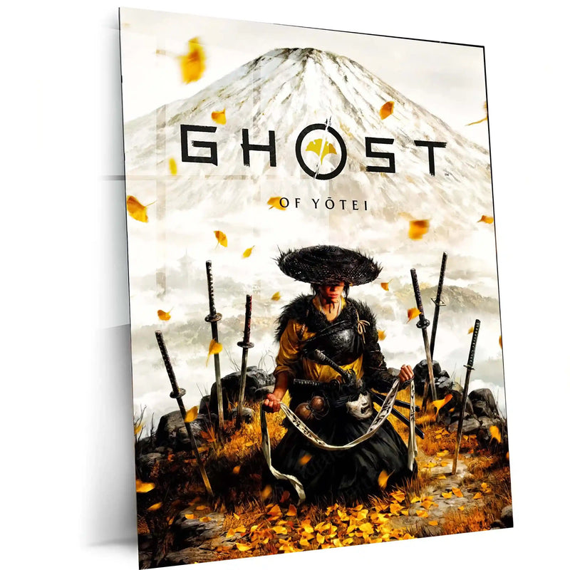 Ghost of Yōtei Samurai – Warrior & Mountain Art Metal Poster | Japanese Warrior Wall Frame