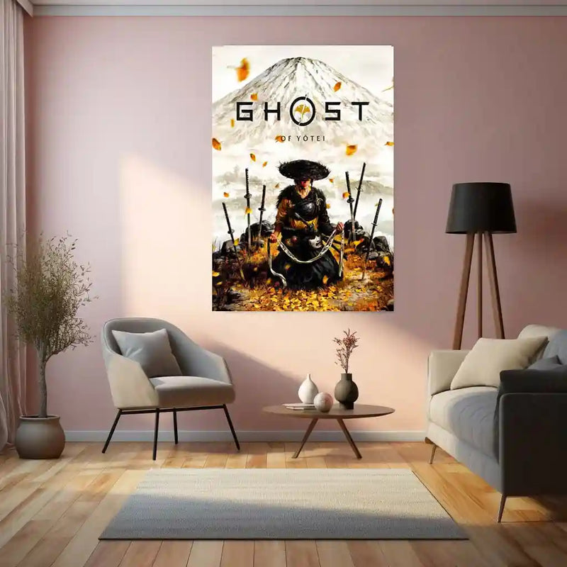 Ghost of Yōtei Samurai – Warrior & Mountain Art Metal Poster | Japanese Warrior Wall Frame