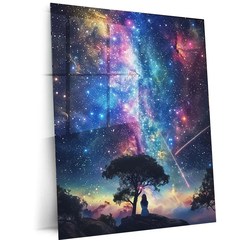 Girl Under Starry Sky Metal Frame | Dreamy Night Sky Aesthetic Wall Art - TURTLEWINGS