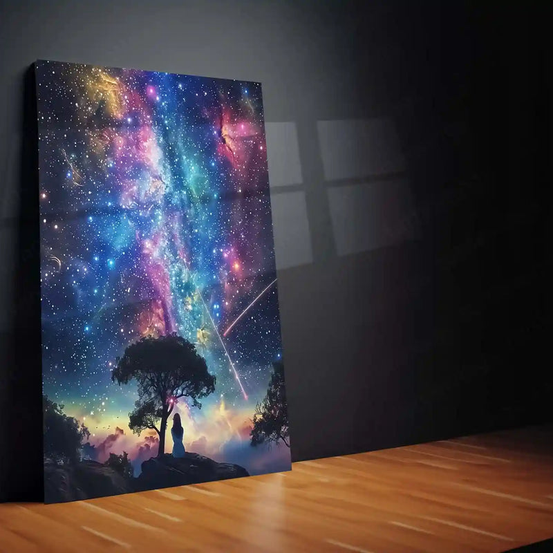 Girl Under Starry Sky Metal Frame | Dreamy Night Sky Aesthetic Wall Art - TURTLEWINGS