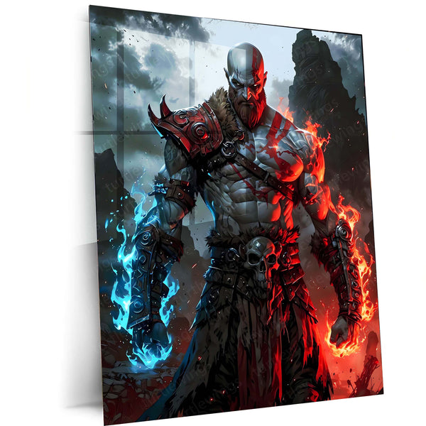 God of War – Kratos with Fire & Ice Fury Metal Poster | Leviathan Axe & Blades of Chaos Wall Frame