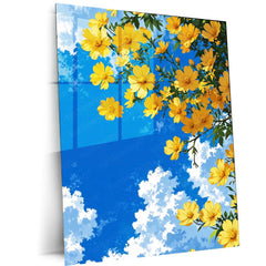 Golden Blossoms Sky – Bright Floral Metal Poster | Nature-Inspired Wall Frame