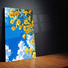 Golden Blossoms Sky – Bright Floral Metal Poster | Nature-Inspired Wall Frame