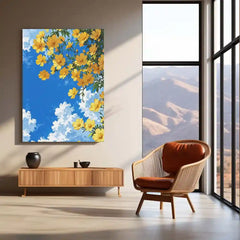 Golden Blossoms Sky – Bright Floral Metal Poster | Nature-Inspired Wall Frame