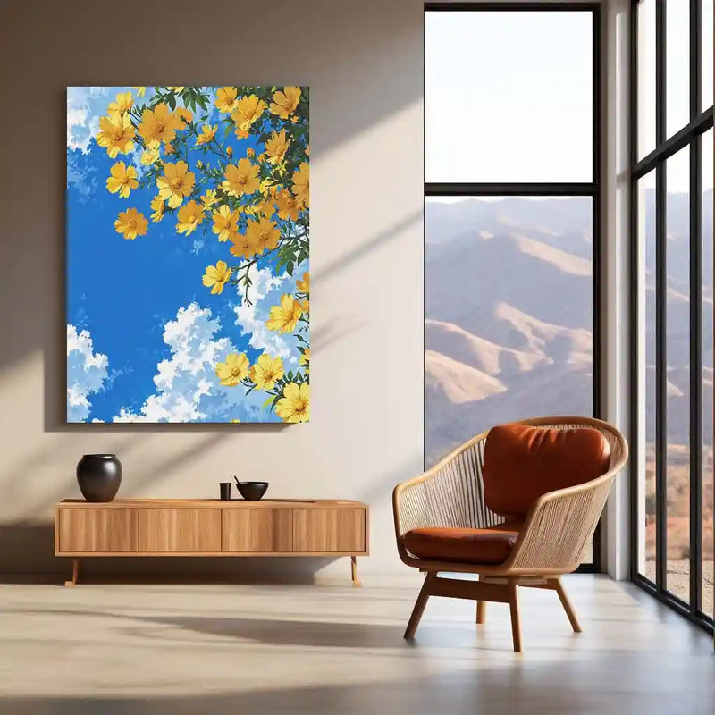 Golden Blossoms Sky – Bright Floral Metal Poster | Nature-Inspired Wall Frame