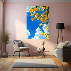 Golden Blossoms Sky – Bright Floral Metal Poster | Nature-Inspired Wall Frame