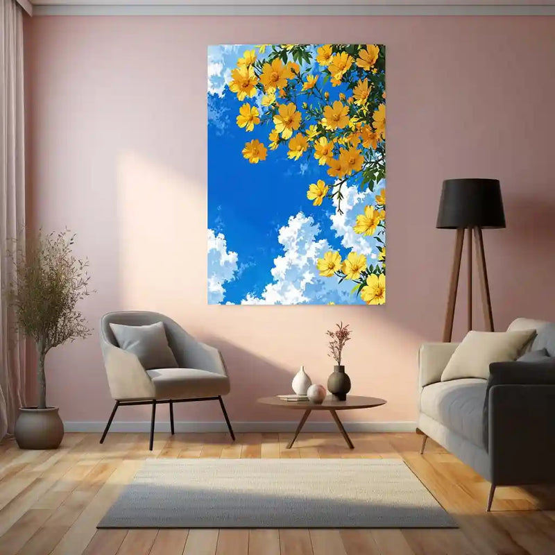 Golden Blossoms Sky – Bright Floral Metal Poster | Nature-Inspired Wall Frame