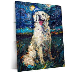 Golden Retriever Under Starry Night – Van Gogh Style Metal Frame | Artistic Dog Wall Art | Whimsical Starry Landscape Decor