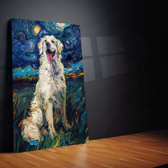 Golden Retriever Under Starry Night – Van Gogh Style Metal Frame | Artistic Dog Wall Art | Whimsical Starry Landscape Decor
