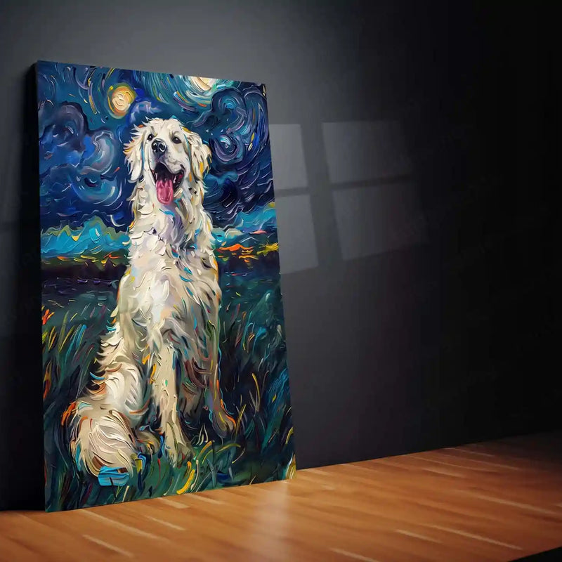 Golden Retriever Under Starry Night – Van Gogh Style Metal Frame | Artistic Dog Wall Art | Whimsical Starry Landscape Decor