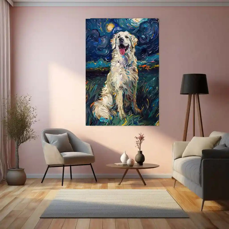 Golden Retriever Under Starry Night – Van Gogh Style Metal Frame | Artistic Dog Wall Art | Whimsical Starry Landscape Decor