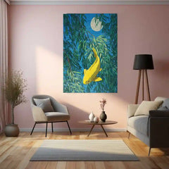 Golden Koi Under the Moonlight – Elegant Nature Metal Poster | Serene Wall Frame