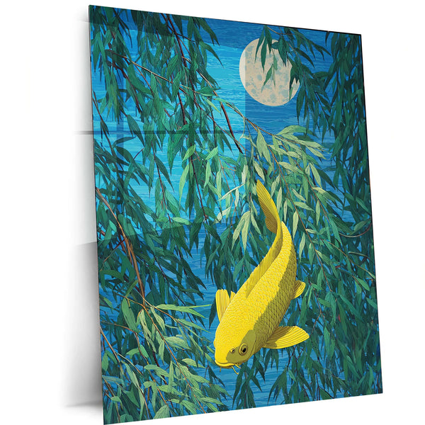 Golden Koi Under the Moonlight – Elegant Nature Metal Poster | Serene Wall Frame