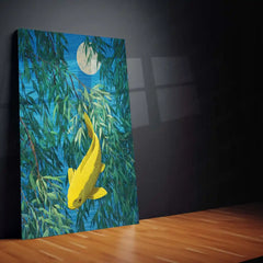 Golden Koi Under the Moonlight – Elegant Nature Metal Poster | Serene Wall Frame