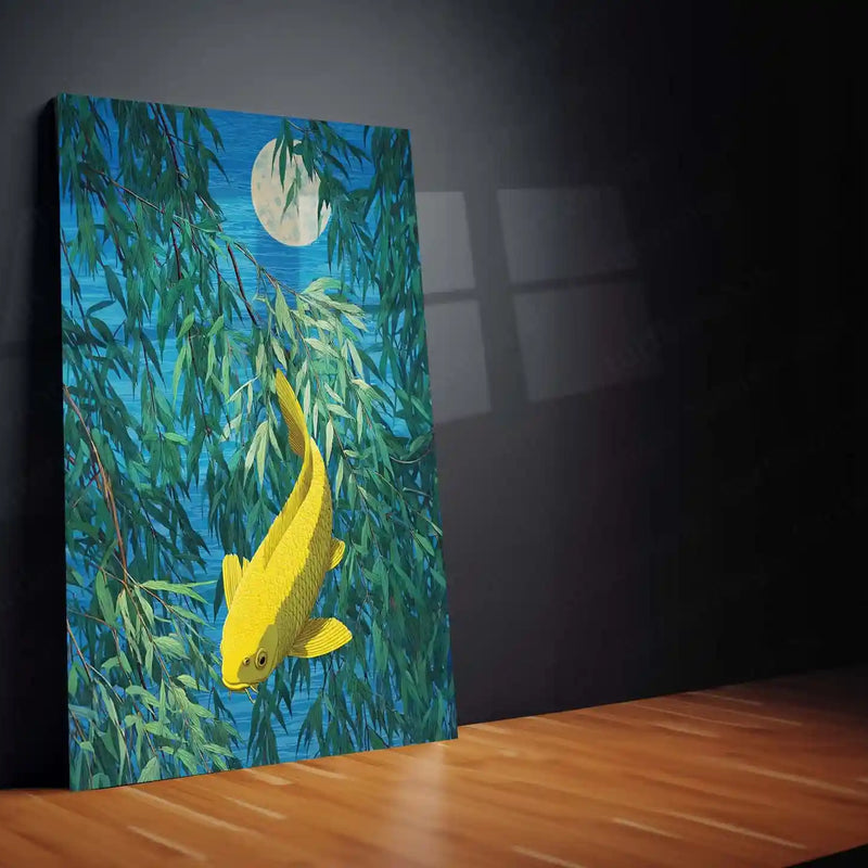 Golden Koi Under the Moonlight – Elegant Nature Metal Poster | Serene Wall Frame