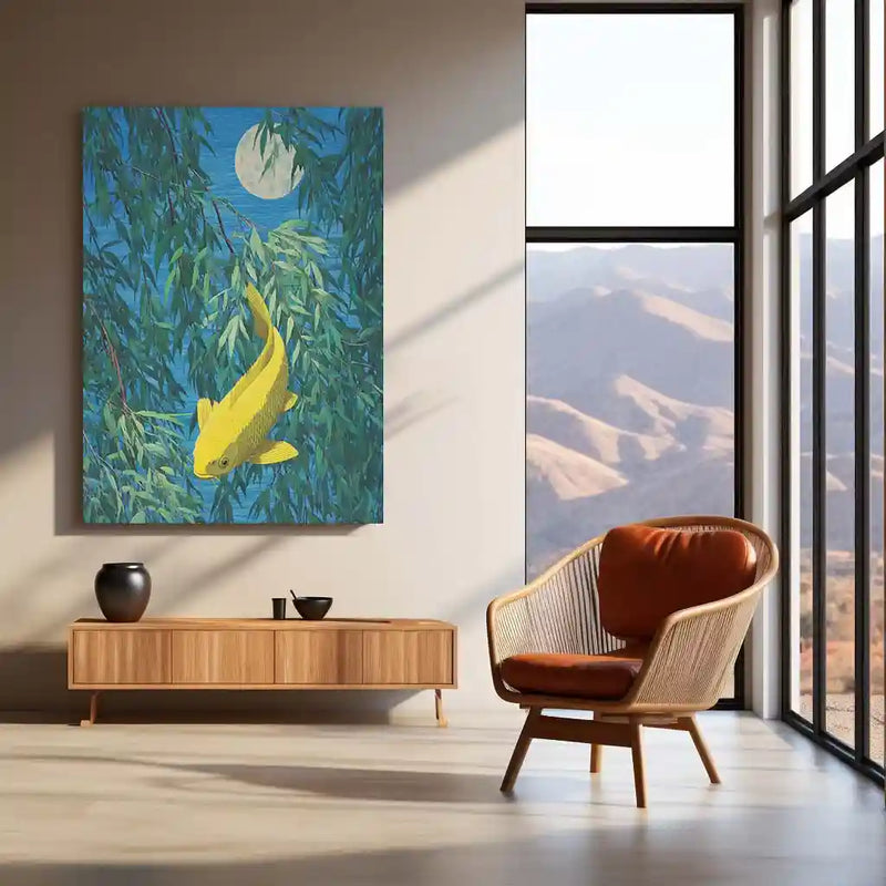 Golden Koi Under the Moonlight – Elegant Nature Metal Poster | Serene Wall Frame