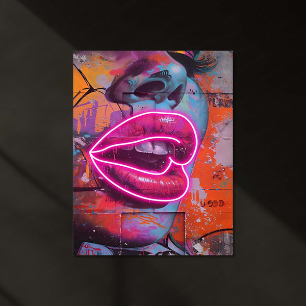 Neon Kiss – Graffiti Lips LED Metal Frame | Pop Art Wall Decor | Bold Urban Glow Poster