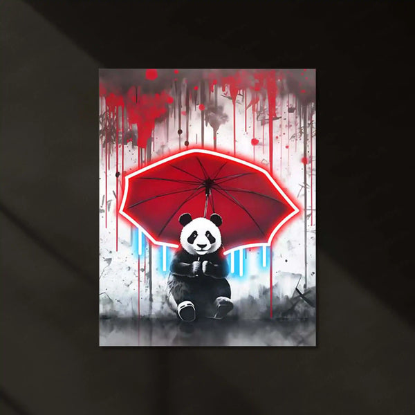 Neon Panda Shelter – Red Umbrella LED Metal Frame | Urban Pop Art Wall Decor | Rainy Day Aesthetic Poster